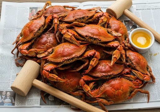 Pile of Steamed Maryland Blue Crabs Seasoned with Old Bay, Rustic and Delicious, High Angle, Newspaper
