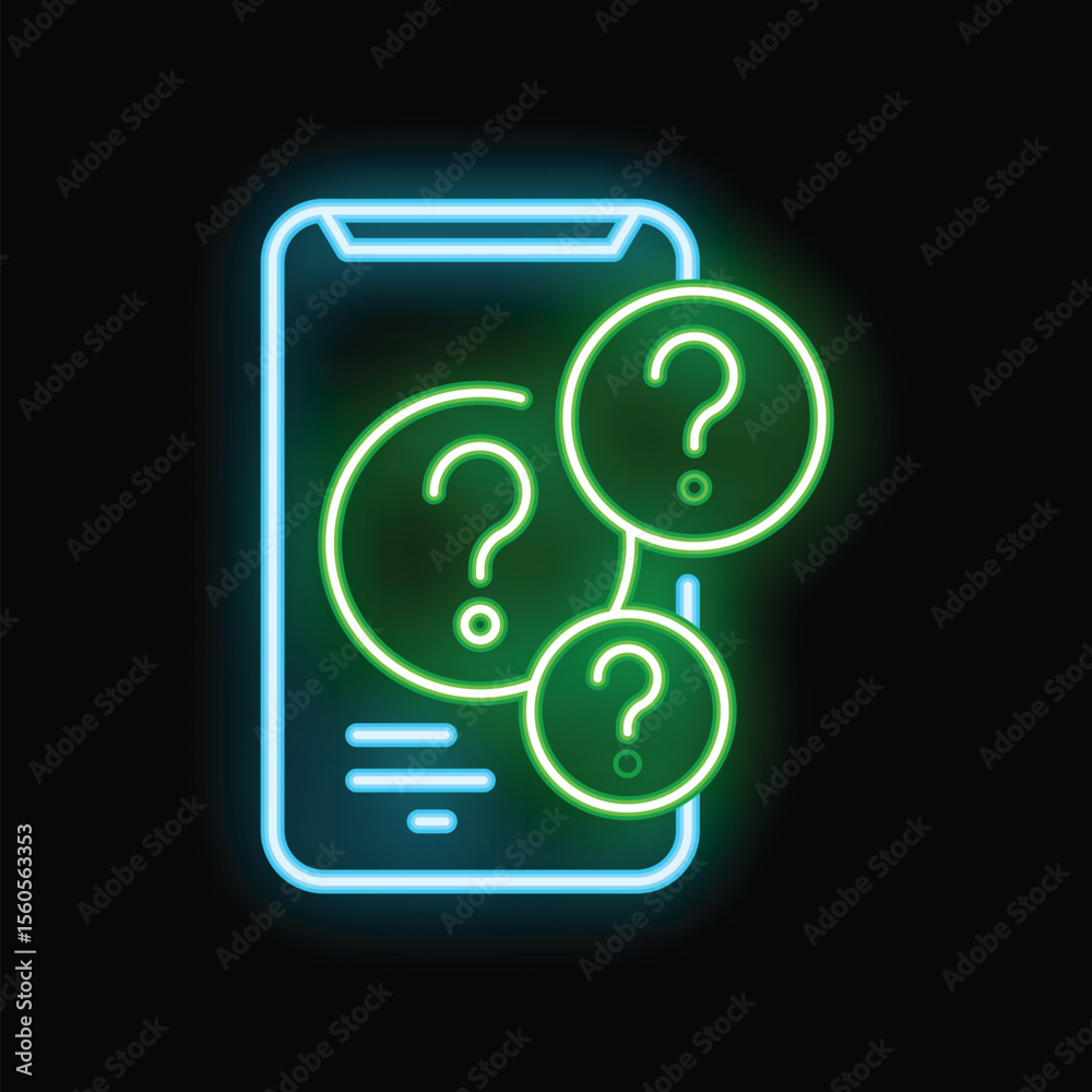 Poster neon sign representing a mobile phone displaying a faq page, with question marks flashing on the scr