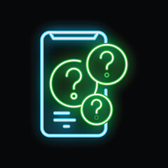 Neon sign representing a mobile phone displaying a faq page, with question marks flashing on the screen