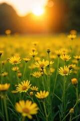 Fototapeta premium Golden Hour Wildflowers Tranquil Field of Vibrant Yellow Blossoms Bathed in Sunlight, Perfect for SpringSummer Nature Projects
