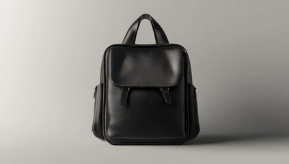 Naklejka premium Black leather backpack, front view. Simple, classic design, featuring two straps, and small zippered pockets