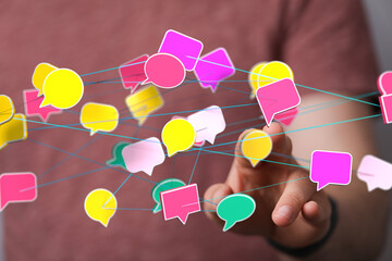 Colorful speech bubbles interconnected, symbolizing global communication and networking.