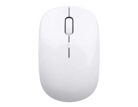 Top-down view of white computer mouse with minimalist design, isolated on transparent background