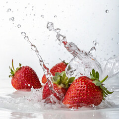 Fresh strawberries are getting splashed with cool, clean water in a vibrant, refreshing still life for a healthy concept.