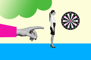 Image pop 3d zine collage of happy girl guy business worker walk hand point direction target aim...