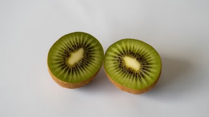 Two halves of a kiwi fruit showcasing vibrant green flesh and black seeds against a neutral background