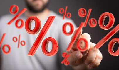 Abstract image of a person interacting with 3D percentage symbols, perfect for finance and sales...