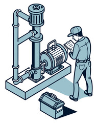 
Isometric view of a technician inspecting and maintaining large industrial water pumps as part of a building utilities management system, isolated on white.