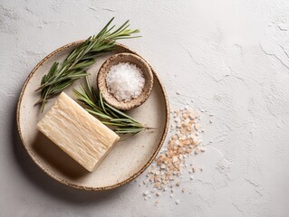 Natural Soap on Ceramic Dish with Sea Salt and Fresh Herbs