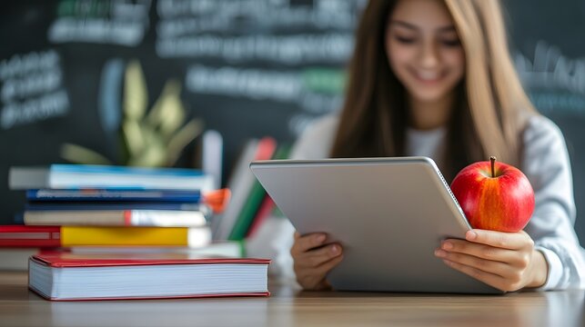Student using digital tablet in a classroom setting.