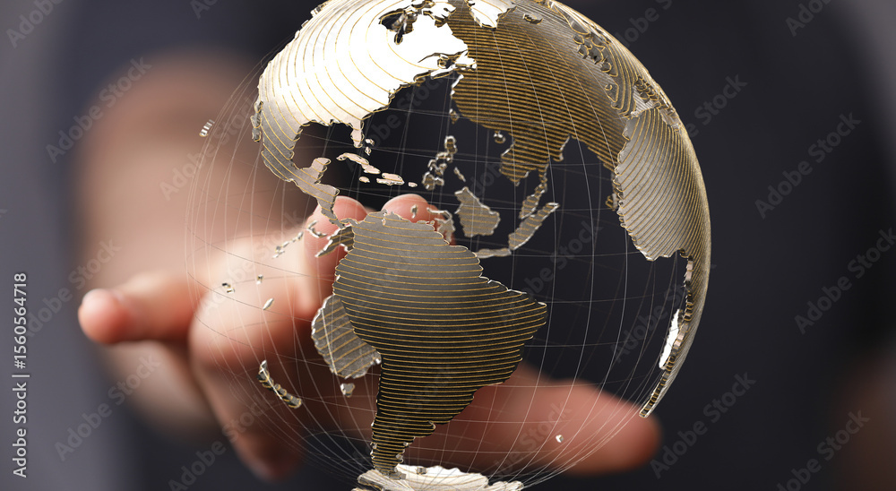 Poster Abstract image of a hand interacting with a digital globe, symbolizing global connectivity and networking.