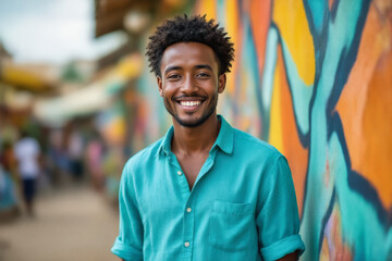 A smiling young man with curly hair and a teal shirt poses confidently against a vibrant, colorful mural.