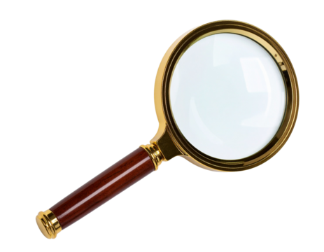 Vintage Brass Magnifying Glass with Wooden Handle, angled top-down view, isolated on transparent background