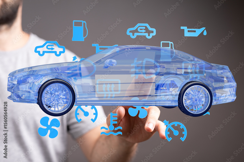 Poster digital visualization of car diagnostics. ideal for automotive, technology, and repair concepts.
