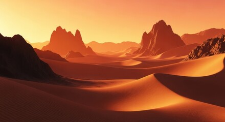 Naklejka premium Vast Desert Landscape at Sunset with Jagged Mountains and Sand Dunes