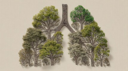 Line art human lungs shaped by trees for nature and eco concept