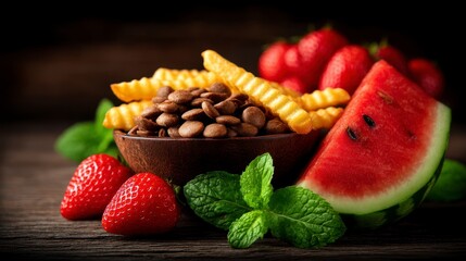 Table with food for USA 4th July Independence Day. Fourth July party or picnic food with fast food with watermelon funny food mix. Patriotic culinary spread for a july celebration