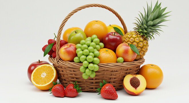 Fresh, delicious fruit basket featuring oranges, apples, grapes, pineapple, peaches and strawberries offering healthy food.