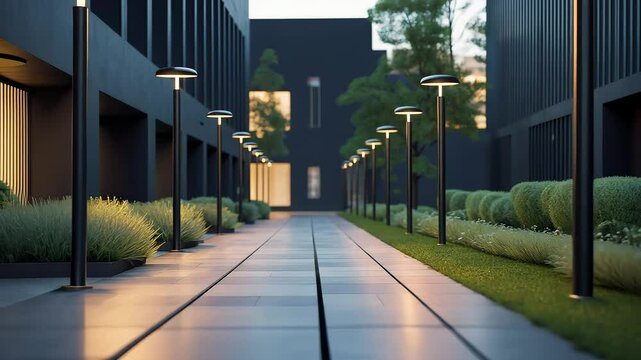 Urban Courtyard Pathway Streetlights Modern Buildings Green Plants Evening