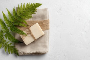Natural Soap Bar on Linen with Fern Decoration for Wellness