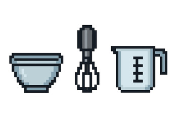 Pixel art kitchen utensils: bowl whisk and measuring cup on gray background vector icon isolated illustration