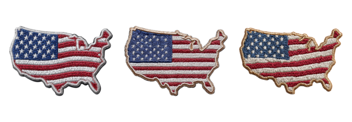 Embroidered patches featuring United States flag various styles represent patriotic day. These unique designs showcase love