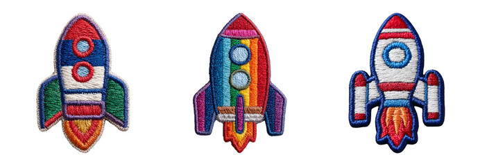 Colorful rocket patches, featuring vibrant designs and intricate embroidery, perfect for adding playful touch to clothing