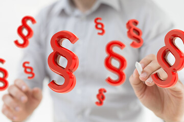 3D rendering of red paragraph symbols floating around a person, symbolizing legal concepts.