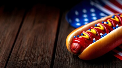 USA national holiday Labor Day Memorial Day Flag Day 4th of July hot dogs with ketchup and mustard on wood background. Celebrating american patriotic festivities with grilled sausages