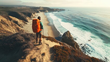Hikers overlooking a scenic coastline. A man with a vibrant orange backpack stands on a rocky cliff overlooking a sandy beach and turquoise ocean. Sunlight bathes the landscape
