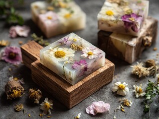 Natural Soap Mockup with Pressed Flowers and Wood Elements