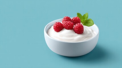 A vibrant bowl of white yogurt topped with fresh red raspberries and a sprig of bright green mint set against a calming turquoise backdrop