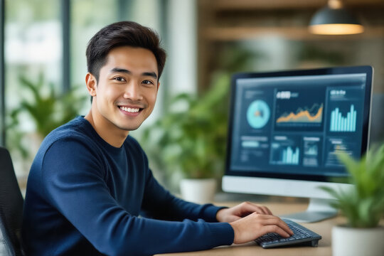 A smiling young man in a blue sweater looks directly at the camera while seated at a desk with a computer displaying data visualizations.
