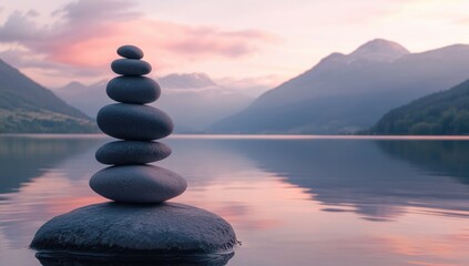 Balanced stones on a lake at dawn, serene mountain backdrop