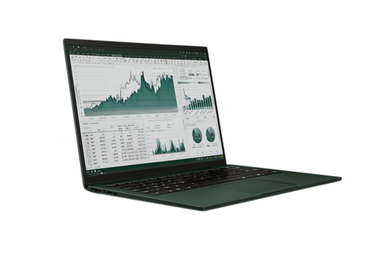Laptop screen displaying financial charts and graphs.