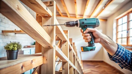 A craftsman's hand expertly uses a power drill to assemble a beautiful wooden shelving unit in a bright, airy room.