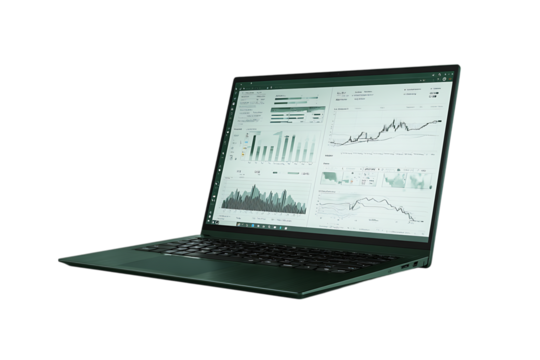 Financial data charts on laptop screen. Business analytics concept.