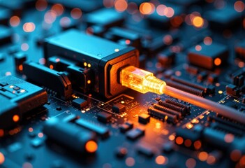 Close-up of a computer circuit board with illuminated orange and blue electronic components
