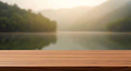 Serene Lakeside Vista Wooden Tabletop with Misty Mountain Background
