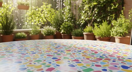 Vibrant Mosaic Tabletop in a Sunlit Garden Setting