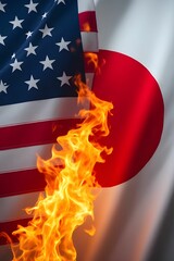 American flag and Japan flag with fire burning. USA finance, government, and economics concept. Trade war. Tax and tariff concept