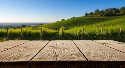 Sunlit Vineyard Landscape Wooden Tabletop View