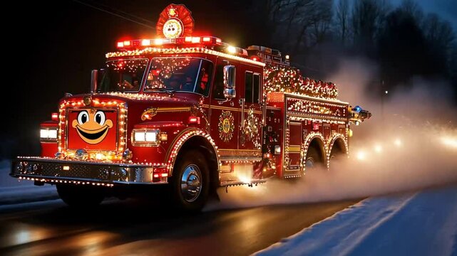 Ornate fire truck decorated with holiday lights at night