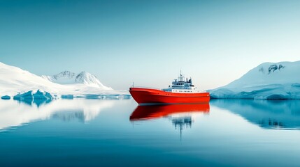 In a tranquil setting, a research vessel rests peacefully in the icy polar waters, surrounded by majestic mountains and gleaming icebergs. The expedition team prepares for scientific discovery