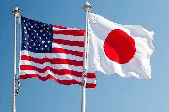 American flag and Japan flag. USA finance, government, and economics concept. Trade war. Tax and tariff concept