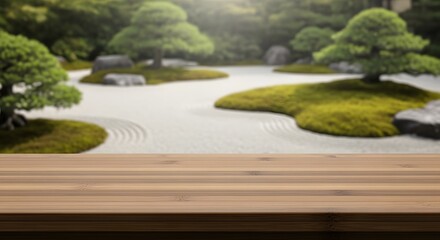 Serene Zen Garden Landscape Tranquil Nature Scene with Wooden Table
