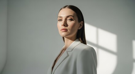 Portrait of a Confident Woman in a Stylish Light Beige Blazer