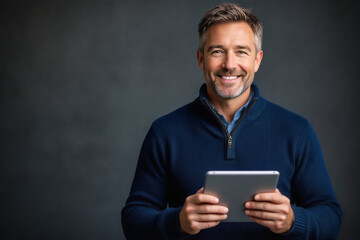 A smiling middle-aged man in a navy sweater holds a tablet against a dark gray background.