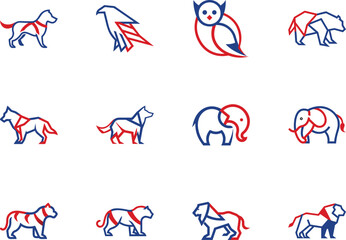 Twelve outlined animal logos in patriotic red and blue colors present a bold symbolic collection