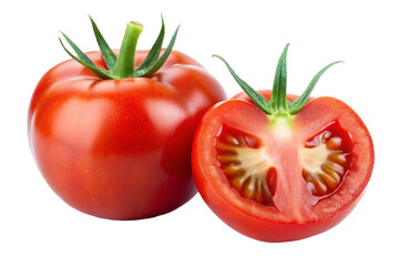 Red Tomato with Green Stem and Half Cut Showing Inside Isolated on Transparent Background